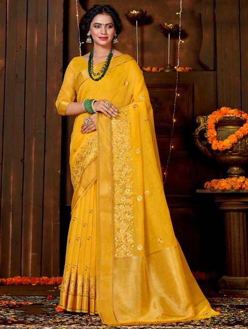 golden zari work embroidered saree with blouse - 18442158 - Very Small Image - 1