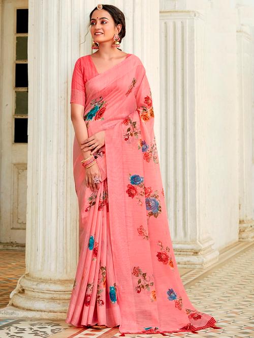 pink floral print saree with blouse - 18442163 - Very Small Image - 1