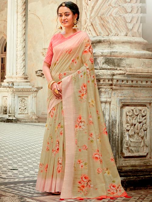 floral printed saree with blouse - 18442164 - Very Small Image - 1