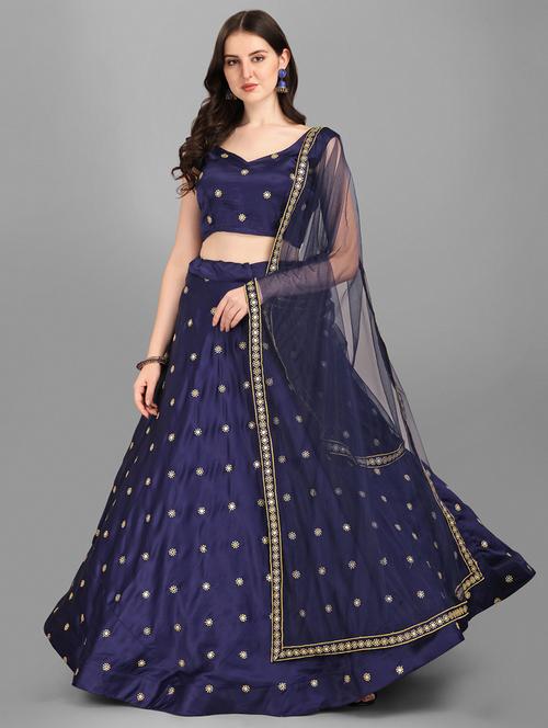 navy blue embroidered semi-stitched lehenga choli with dupatta - 18442370 - Very Small Image - 1