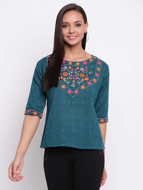 three quarter sleeved embroidered regular top - 18442452 - Very Small Image - 1