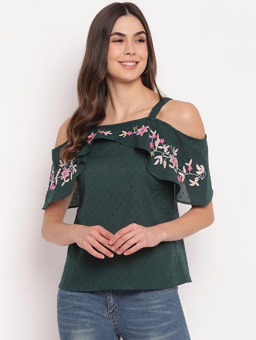 cold shoulder embroidered detail top - 18442828 - Very Small Image - 1