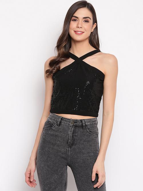 v-neck sequined crop top - 18442917 - Very Small Image - 1