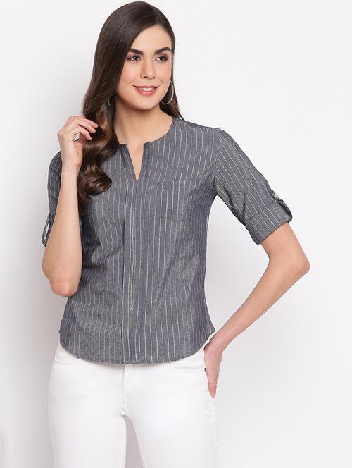 notch neck striped top - 18442940 - Very Small Image - 1