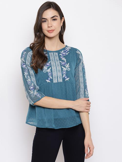 a-line dobby embroidered top - 18442962 - Very Small Image - 1
