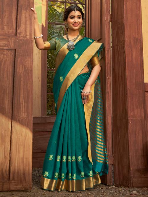 teal zari work woven saree with blouse - 18443379 - Very Small Image - 1