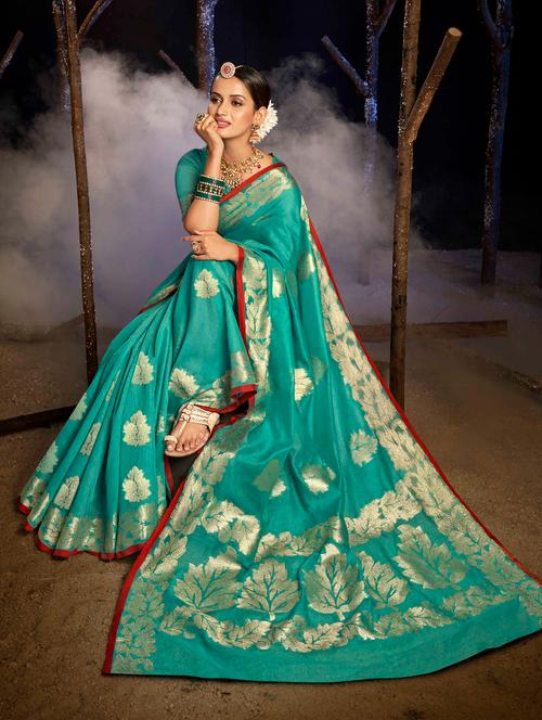 turquoise zari work woven saree with blouse - 18443391 - Very Small Image - 1