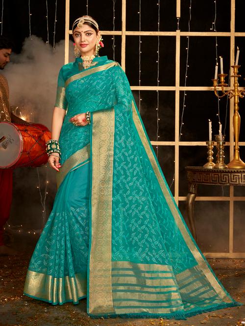 turquoise zari work embroidered saree with blouse - 18443401 - Very Small Image - 1