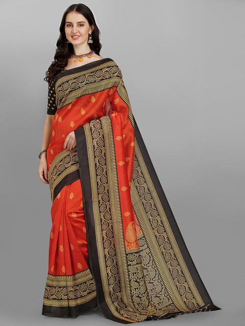 contrast bordered printed saree - 18443528 - Very Small Image - 1