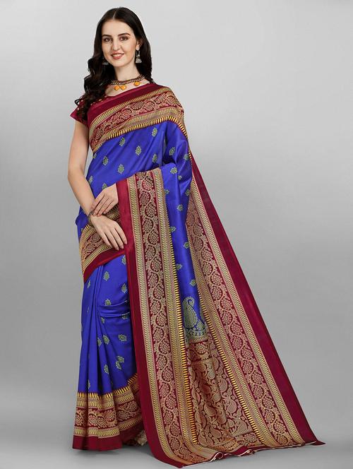 contrast bordered printed saree - 18443529 - Very Small Image - 1