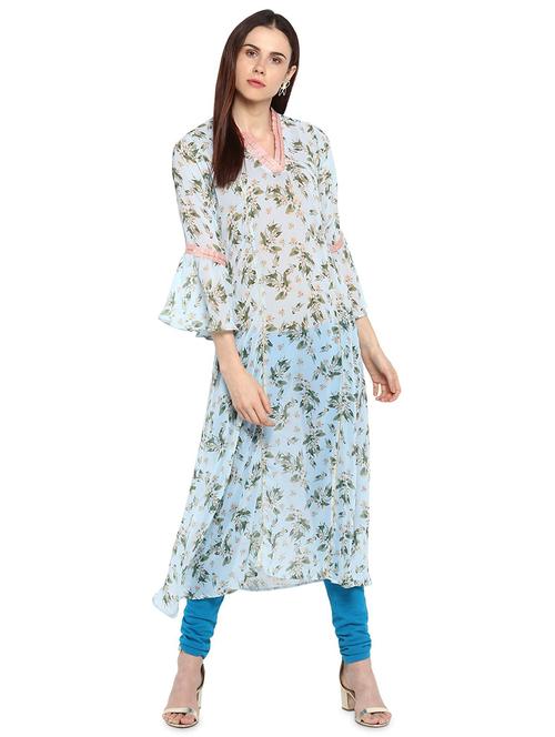 light blue floral a-line kurta - 18443890 - Very Small Image - 1