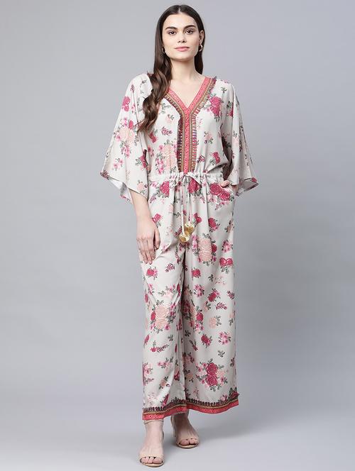 three quarter sleeved printed full leg jumpsuit - 18444034 - Very Small Image - 1