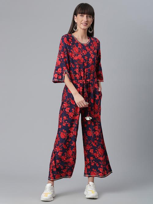 draw-string waist printed full leg jumpsuit - 18444040 - Very Small Image - 1