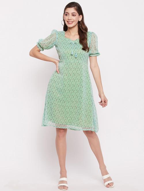 puff sleeved printed a-line dress - 18444122 - Very Small Image - 1