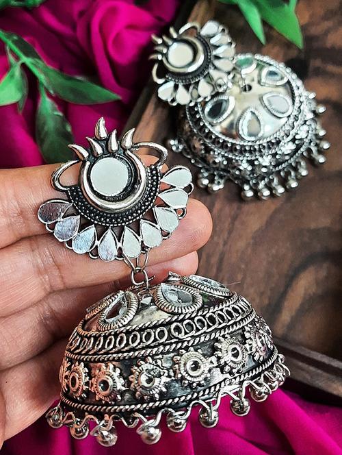 charming oxidized black silver afghani mirror jhumki earrings - 18444173 - Very Small Image - 1