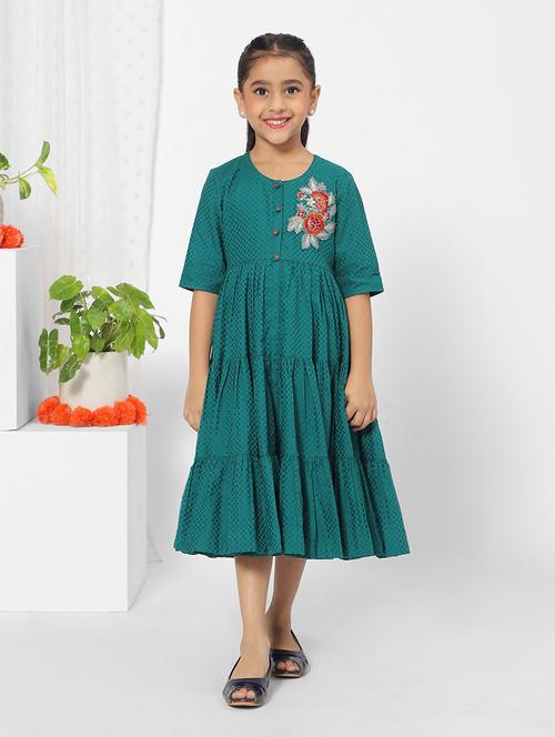 girl teal self design embroidered frock - 18444392 - Very Small Image - 1