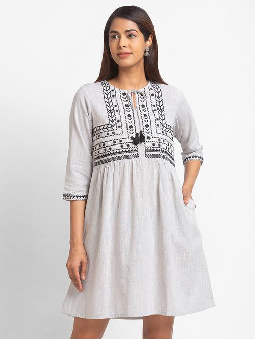 three quarter sleeved embroidered fit & flare dress - 18444613 - Very Small Image - 1