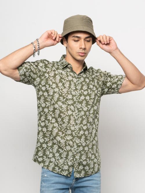 olive-green printed casual shirt - 18444648 - Very Small Image - 1