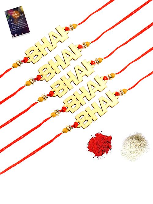 pack of 5 stylish bhaiya rakhi with roli chawal with and 1 greeting card - 18445019 - Very Small Image - 1
