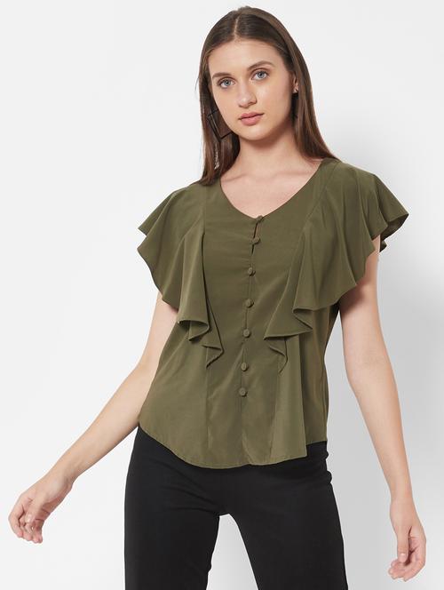 v-neck ruffled detail top - 18445185 - Very Small Image - 1