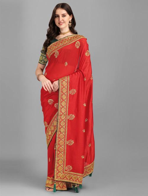 tassel detailed golden embroidered saree with blouse - 18445407 - Very Small Image - 1