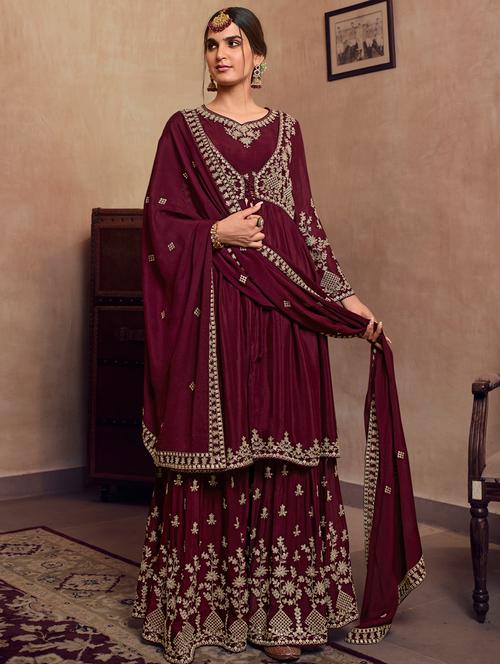 embroidered semi-stitched sharara suit set - 18445528 - Very Small Image - 1