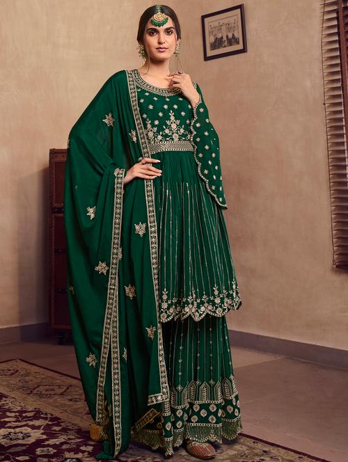 embroidered semi-stitched sharara suit set - 18445529 - Very Small Image - 1