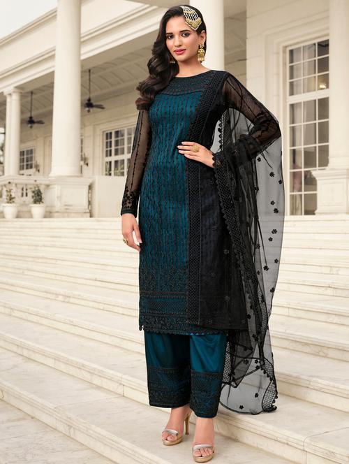 embroidered semi-stitched straight pant suit set - 18445584 - Very Small Image - 1