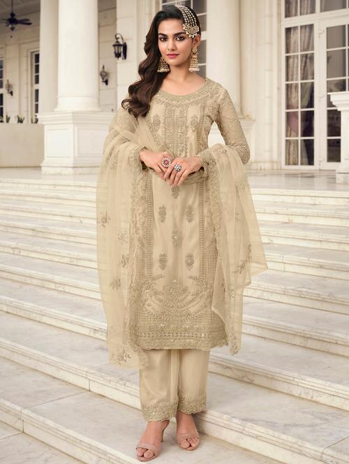 embroidered semi-stitched straight pant suit set - 18445588 - Very Small Image - 1