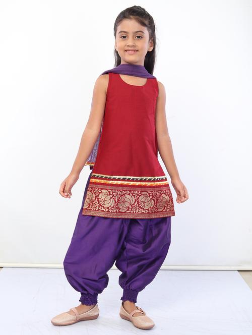 girls red solid kurta salwar set with dupatta - 18445810 - Very Small Image - 1