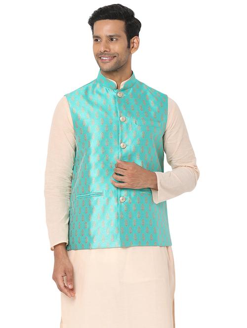 turquoise self-designed nehru jacket - 18446458 - Very Small Image - 1