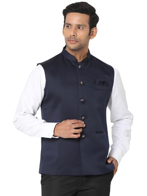 navy blue solid nehru jacket - 18446499 - Very Small Image - 1