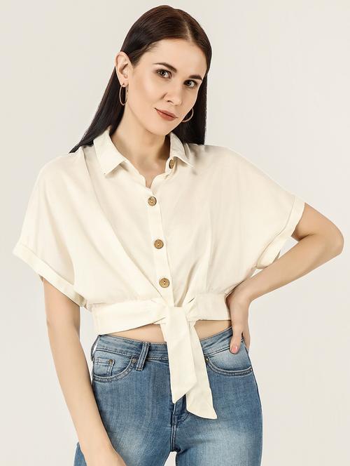 tie front solid crop shirt - 18447018 - Very Small Image - 1