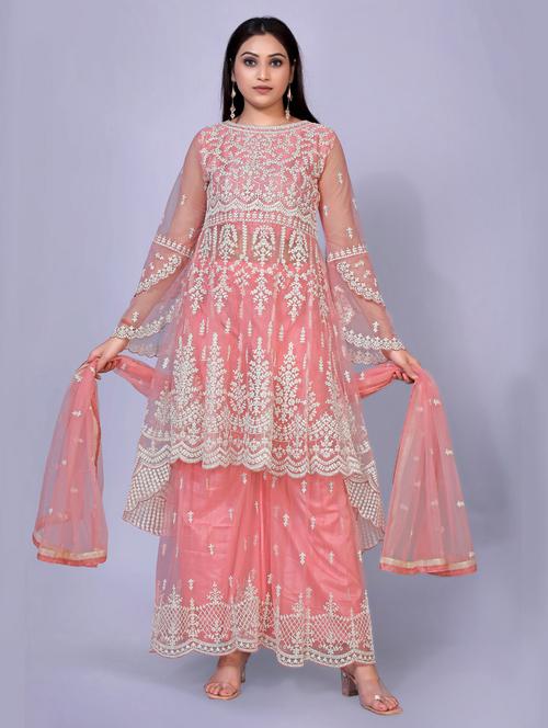 embroidered kurta sharara set with dupatta - 18447432 - Very Small Image - 1