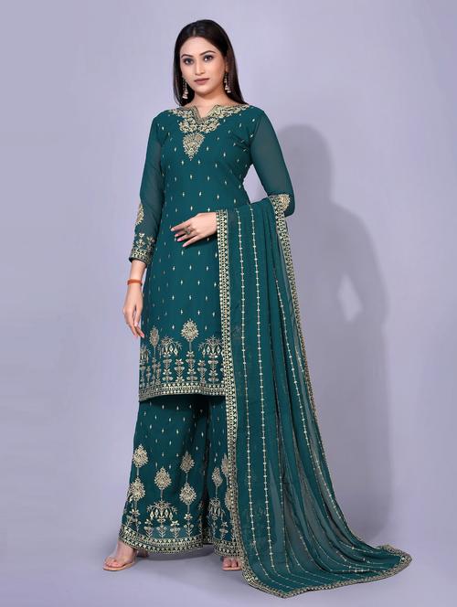 embroidered kurta sharara set with dupatta - 18447434 - Very Small Image - 1