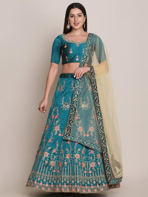 teal embroidered semi -stitched lehenga choli with dupatta - 18447939 - Very Small Image - 1