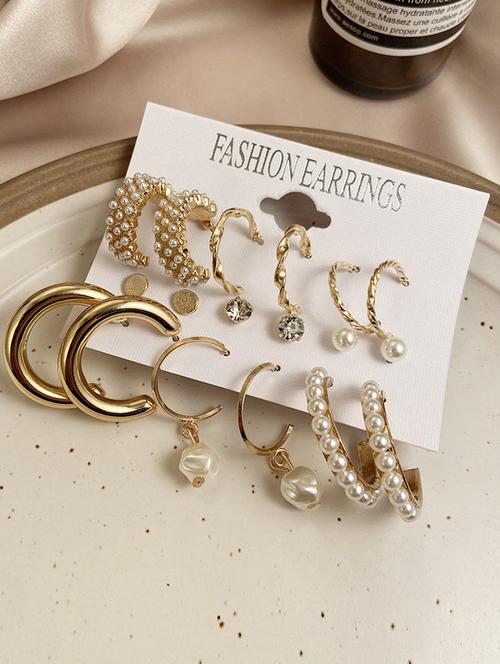 combo of 9 pair gorgeous gold plated pearl hoop earrings - 18448037 - Very Small Image - 1