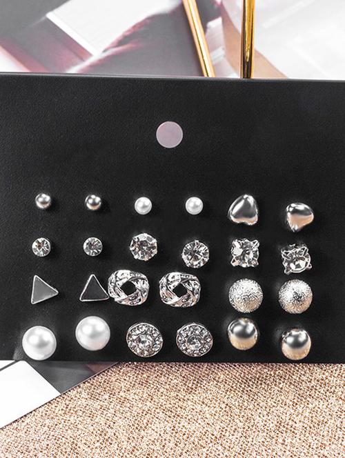 combo of 12 pair charming silver studded pearl stud earrings - 18448043 - Very Small Image - 1