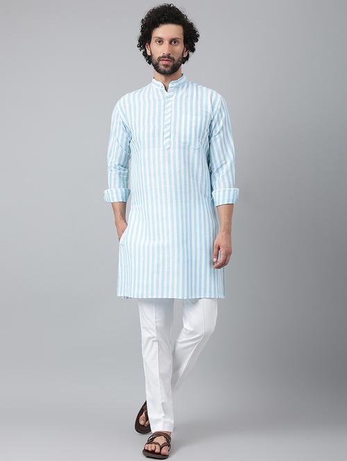 light-blue striped kurta pyjama ethnic wear set - 18448575 - Very Small Image - 1