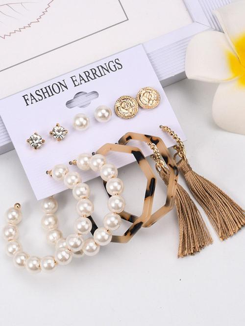 the vine girl fashionable 6 pair pearl tassel marble hoop and coin stud earrings - 18448634 - Very Small Image - 1