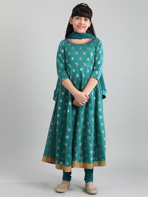 teal green self design kurta churidaar suit set - 18448717 - Very Small Image - 1