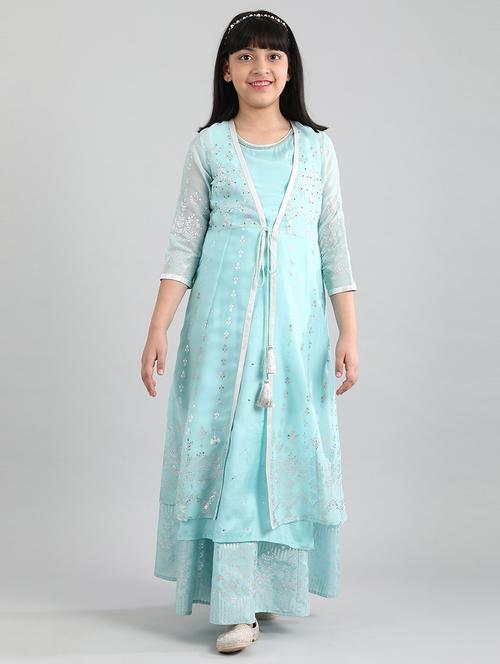 girls turquoise blue foil printed kurta skirt suit set - 18448721 - Very Small Image - 1