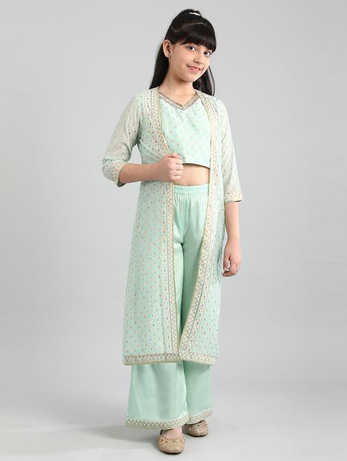 girls sea green printed top pant set with shrug - 18448724 - Very Small Image - 1