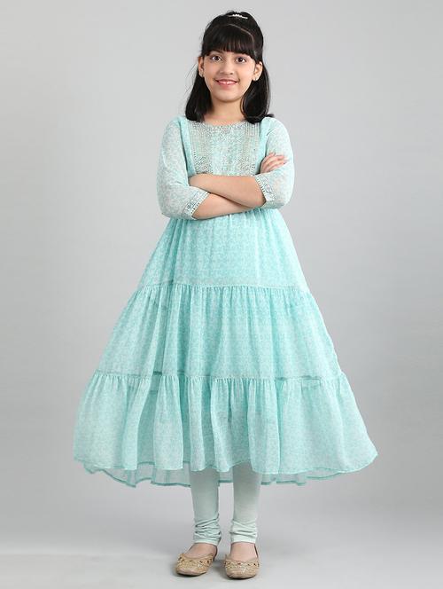 girls turquoise blue printed kurta churidaar suit set - 18448729 - Very Small Image - 1