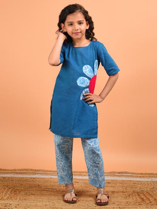 girls blue printed kurta pant set - 18448909 - Very Small Image - 1