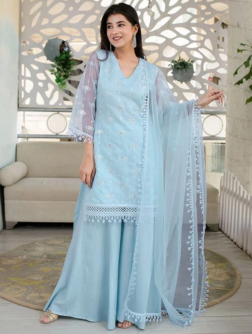 embroidered semi-stitched sharara suit set - 18448980 - Very Small Image - 1