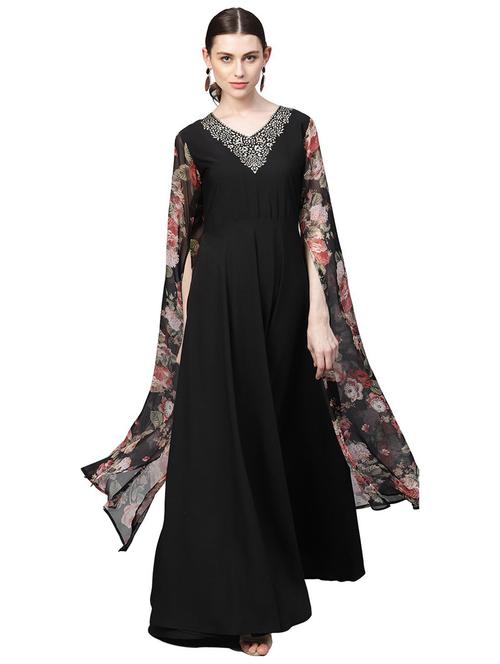 cape sleeved floral flared ethnic dress - 18449118 - Very Small Image - 1