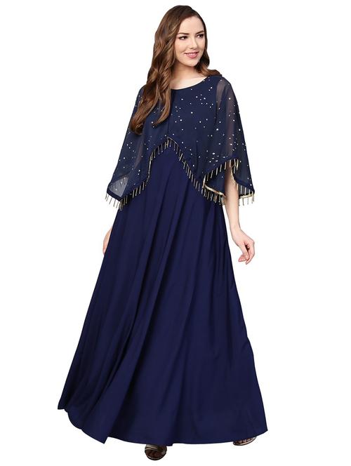 navy blue applique work layered ethnic dress - 18449137 - Very Small Image - 1