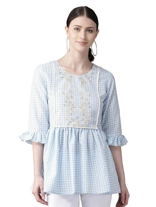 light blue checkered flared kurti - 18449176 - Very Small Image - 1