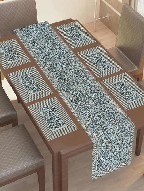 texstylers thick cotton canvas jaipuri block print 6 table mats and 1 runner set - 18450265 - Very Small Image - 1